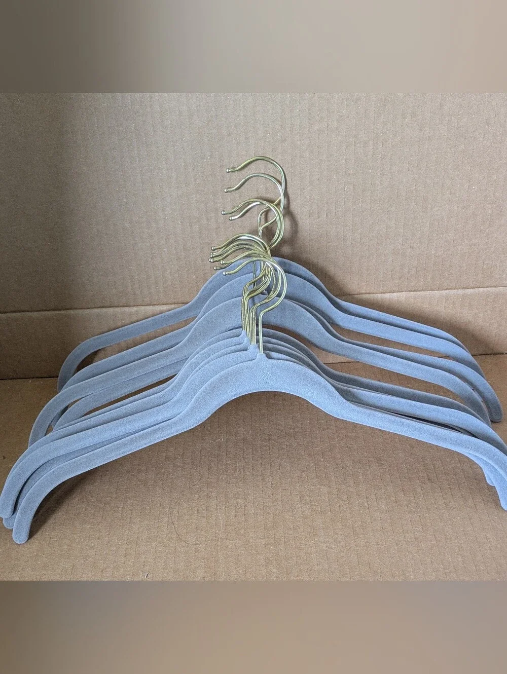 Joy Mangano Gray Velvet Non Slip Slim Hangers with Gold Tone Swivel Hooks Set 12